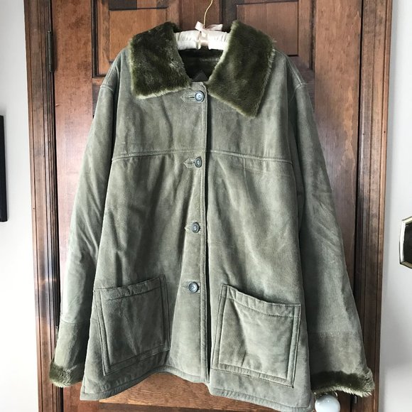 Dennis Basso Olive Suede/Faux Fur 3/4 Length Coat w/Logo Hanger & Dust Cover